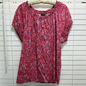 Chaps 100% cotton pink  paisley gathered neck & short sleeves top; size 2X